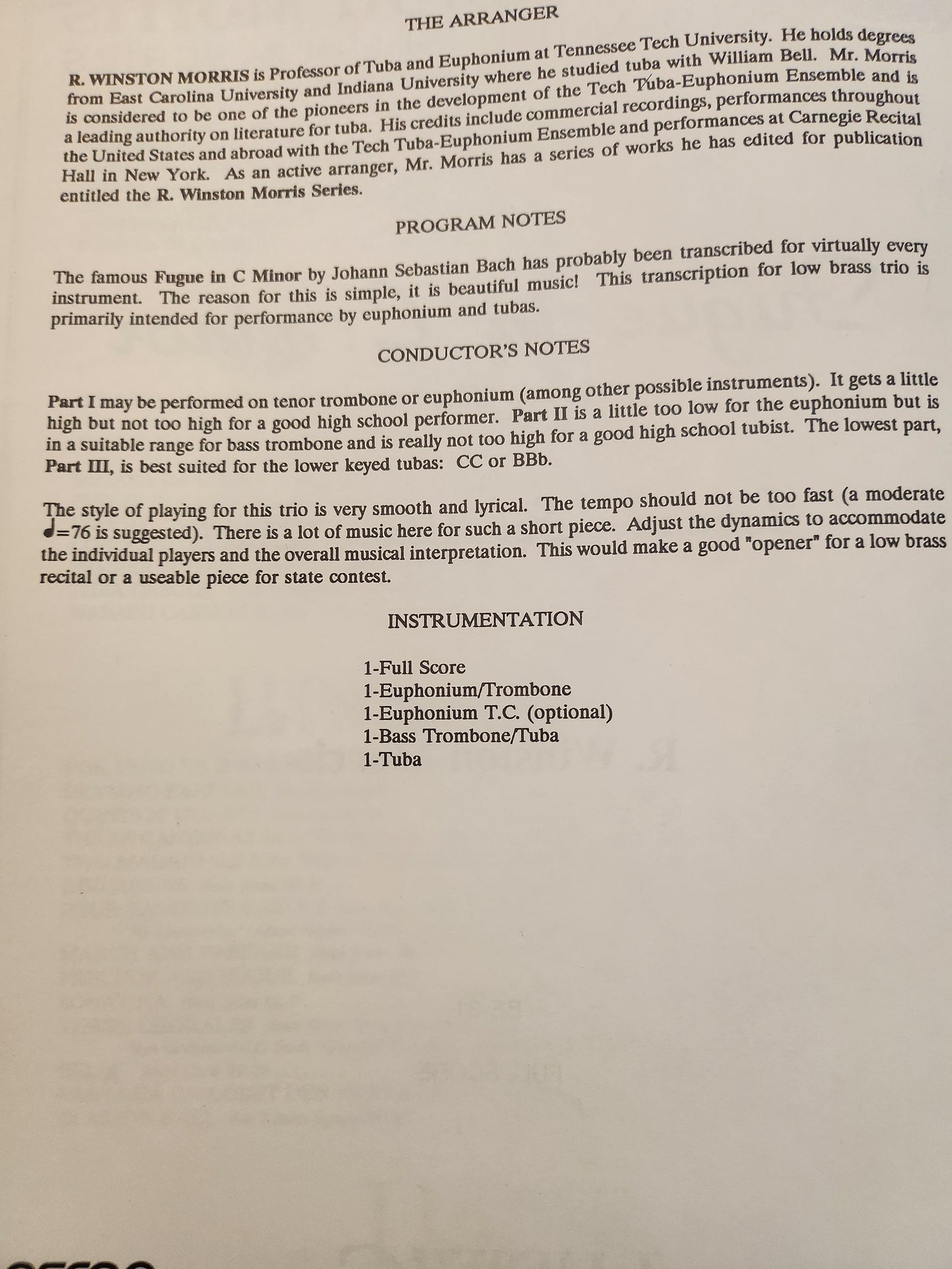 Fugue in C Minor. For low Brass Trio. By Johann Sebastian Bach. Transcribed by Winston Morris.