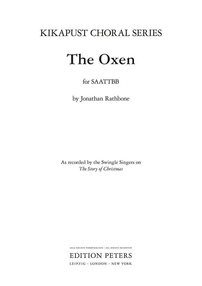 The Oxen for SAATTBB Choir: Choral Octavo (Edition Peters). By Rathbone, Jonathan