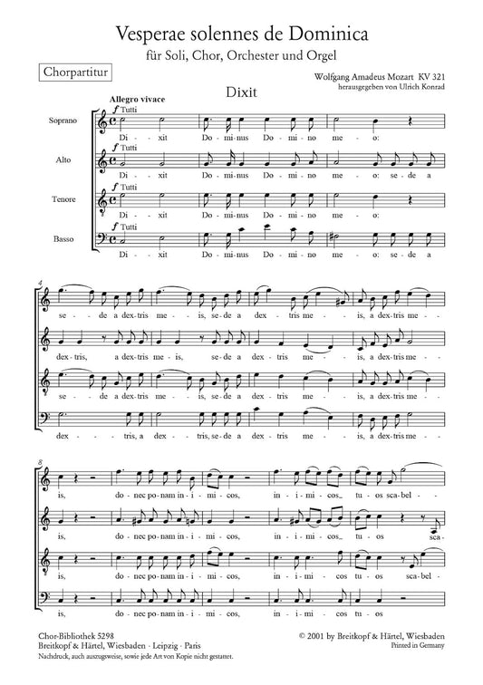 Vesperae De Dominica Kv 321 (Choral Score). Composed By Wolfgang Amadeus Mozart. Edited By Ulrich Konrad. [Paperback] Wolfgang Amadeus Mozart and Ulrich Konrad