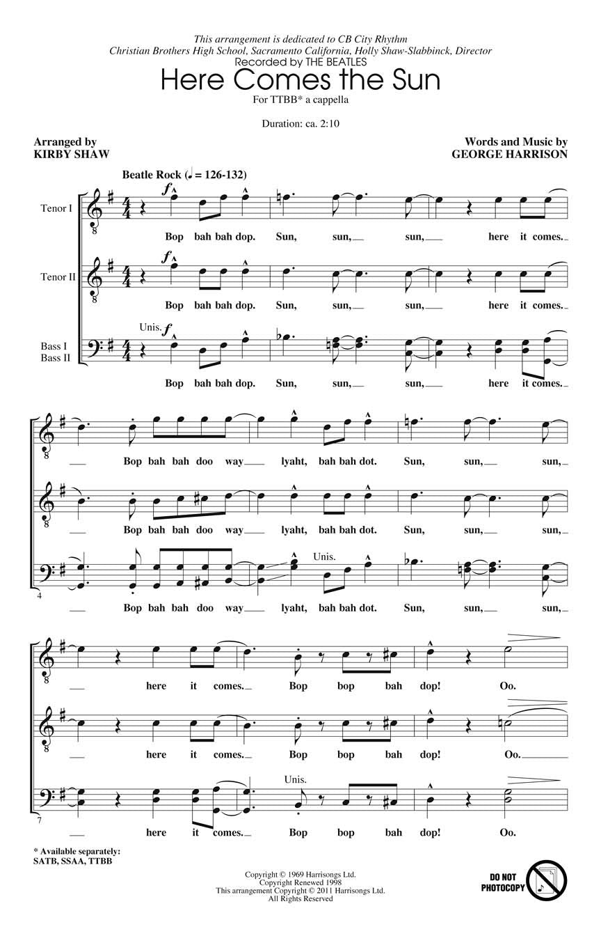 Here Comes the Sun TTBB A Cappella by The Beatles Arranged by Kirby Shaw.