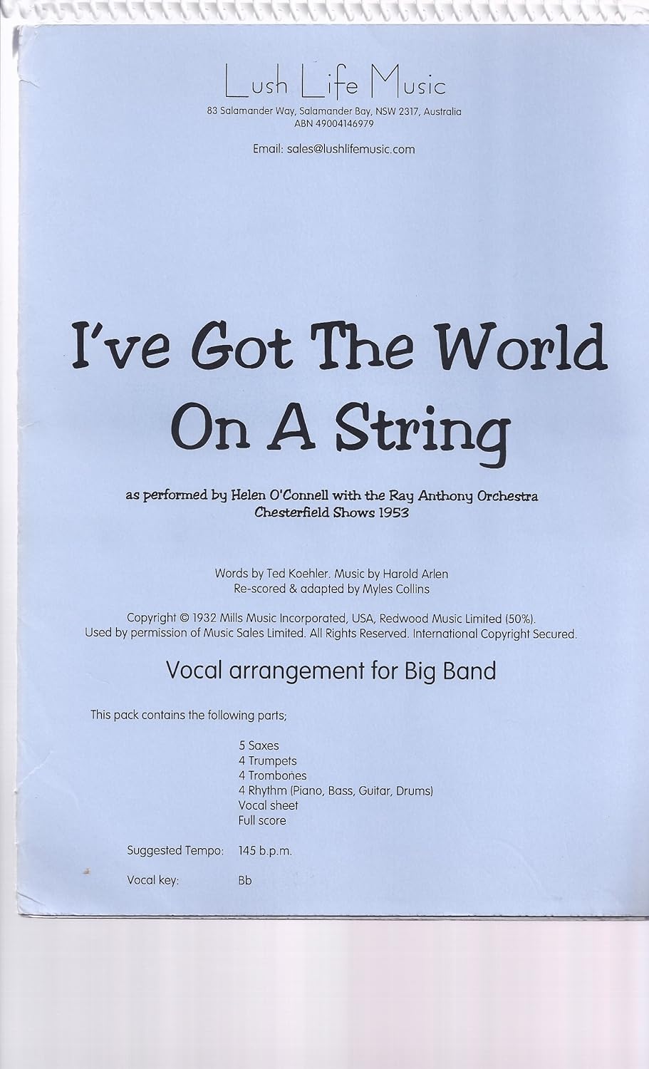 I've Got the World on a String By Helen O'connell. Arranged By Hal Mooney. For Big Band with Female Vocal. Swing. Medium. Full Score and Set of Parts. [Spiral-bound] Helen O'Connell