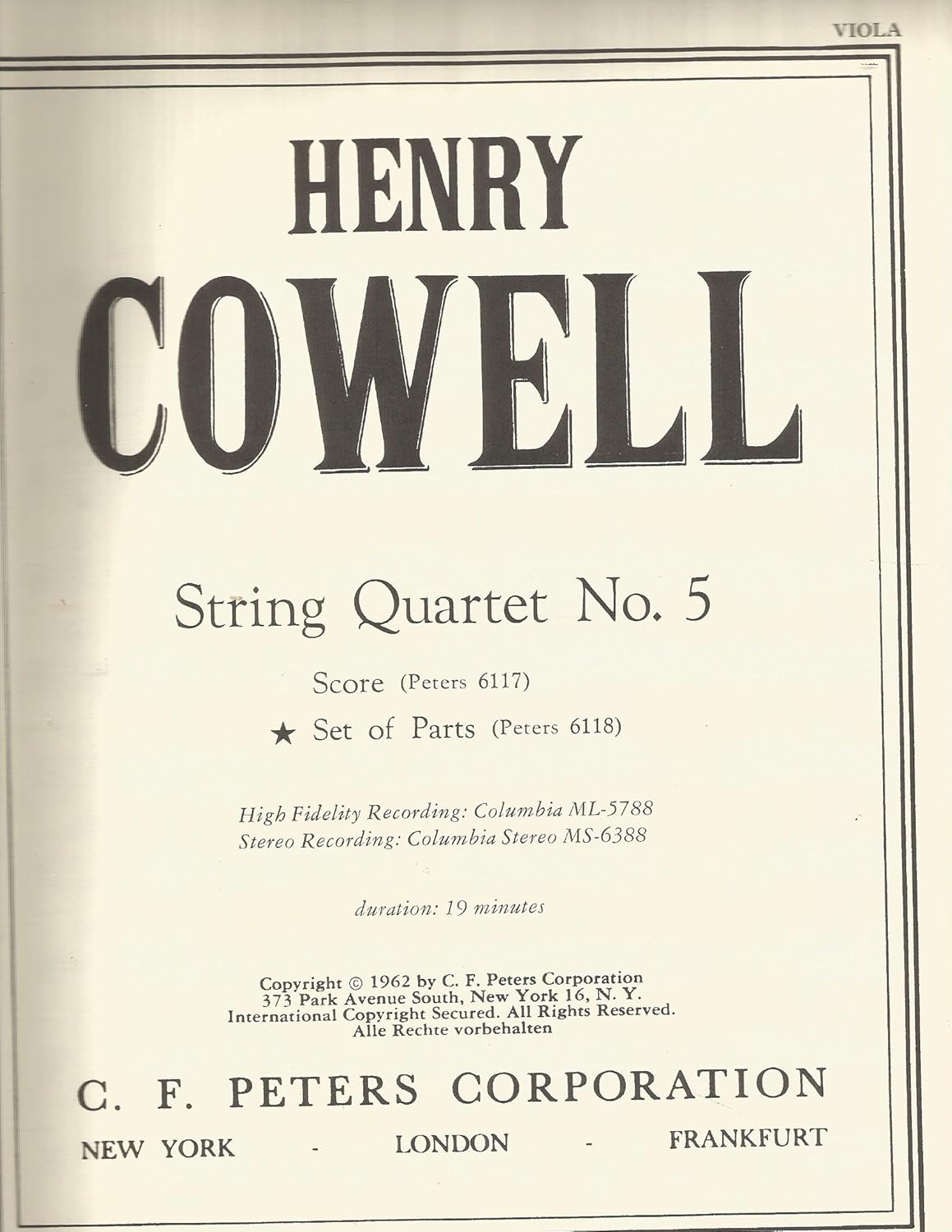 String Quartet No. 5 By Henry Cowell. String Quartets. For 2 Violins, Viola, Cello. Modern. Performance Parts. Duration 19 Minutes. [Paperback] Henry Cowell