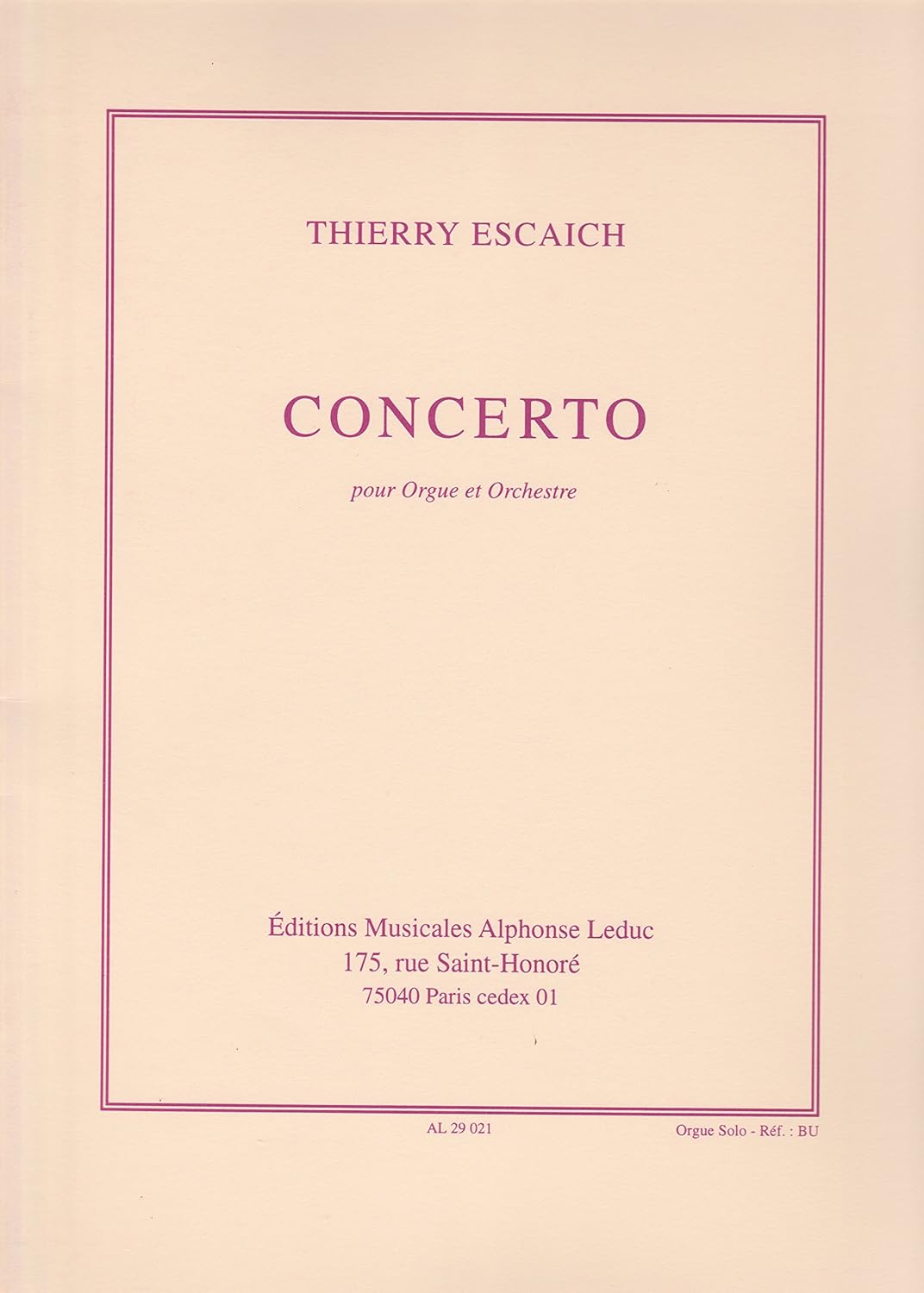 Concerto (Orgue Et Orchestre) By Escaich. For Organ Solo. [Paperback] unknown author