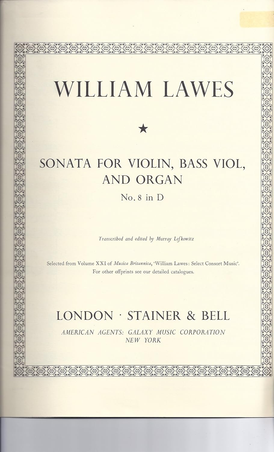 William Lawes Sonata for Violin, Bass, Viol and Organ No 8 in D [Paperback] Murray Lefkowitz