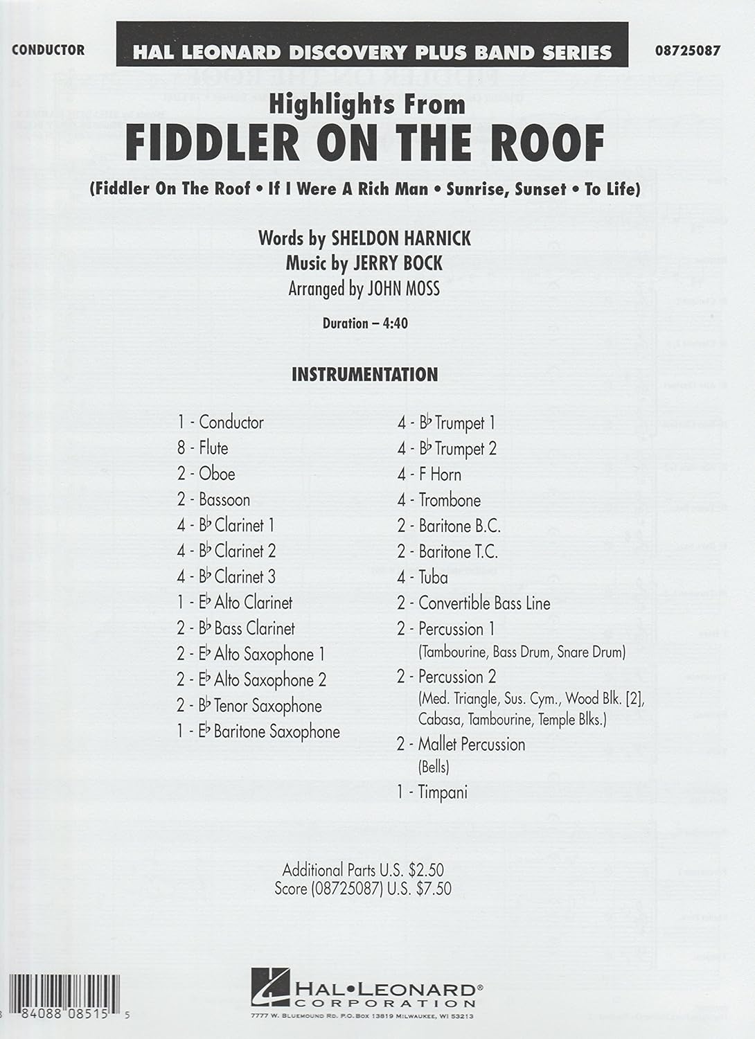 Highlights From Fiddler on the Roof. Series: Discovery Plus Concert Band. Score. Composers: Jerry Bock, Sheldon Harnick. Arranger: John Moss. Level: 2.. [Paperback] Jerry Bock, Sheldon Harnick and John Moss