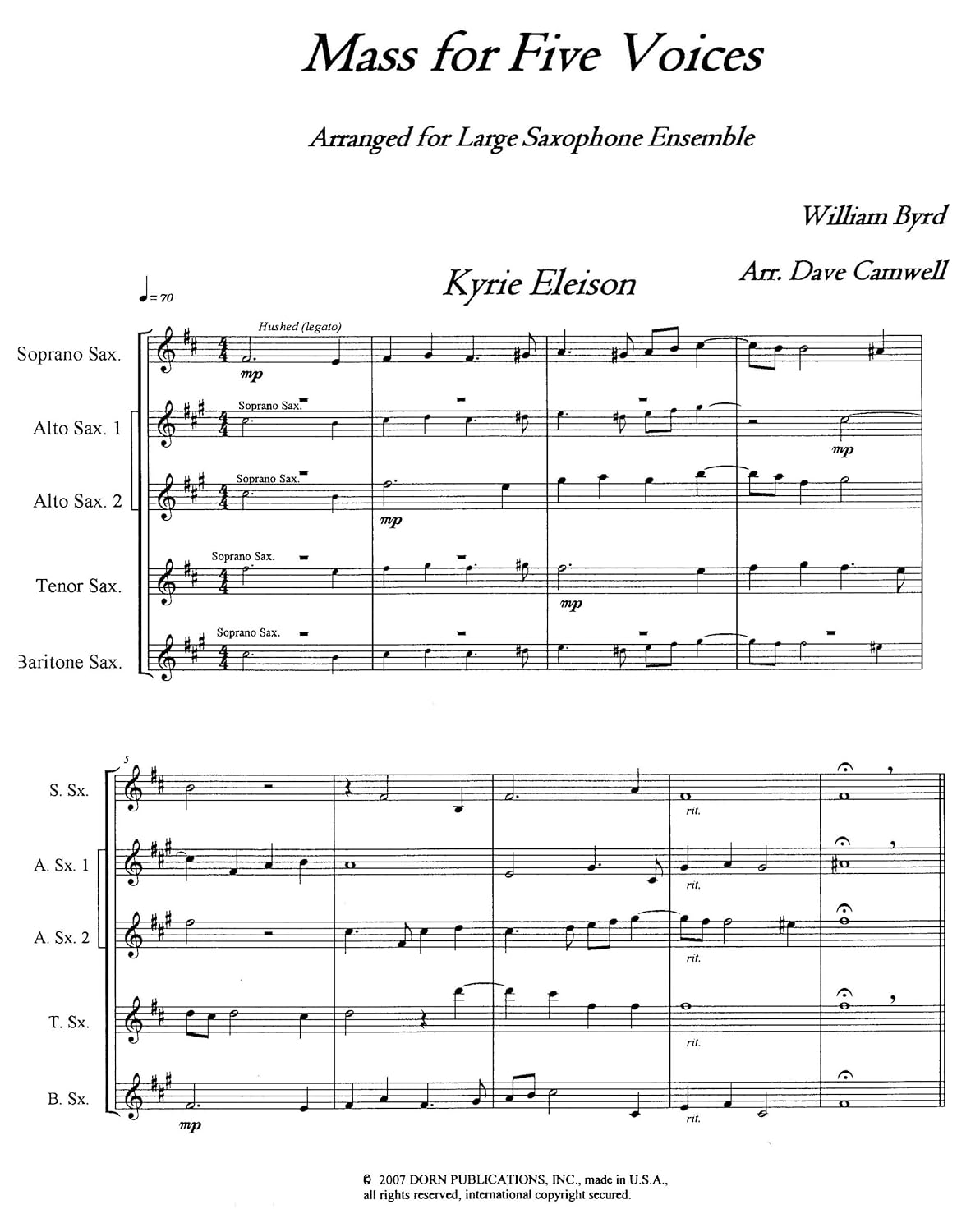 Mass for Five Voices for Saxophone Quintet Sheet music – January 1, 2007 by William Byrd (Author)