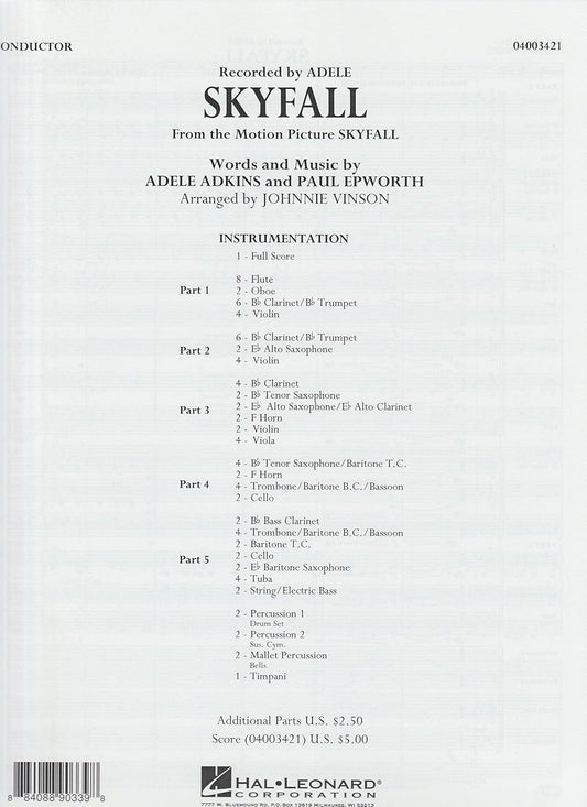 Skyfall. Series: Flexband. Score. Artist: Adele. Composers: Adele Adkins, Paul Epworth. Arranger: Johnnie Vinson. Level: 2-3. [Paperback] Artist: Adele. Composers: Adele Adkins, Paul Epworth and Johnnie Vinson