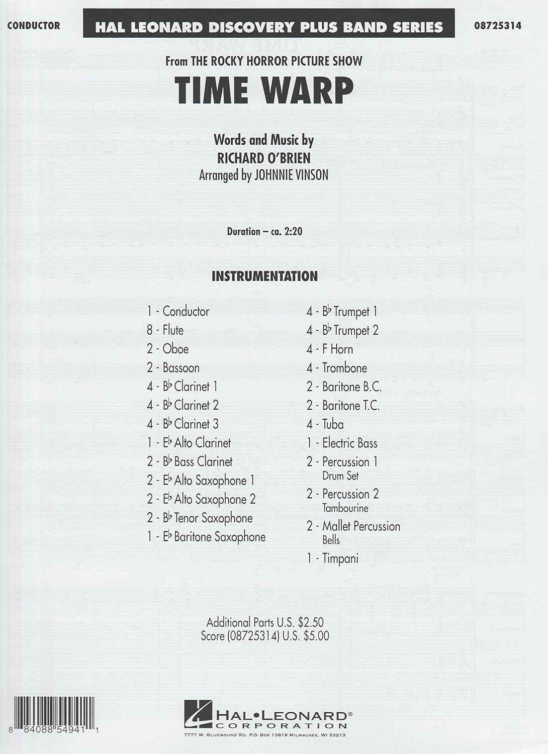 Time Warp (From the Rocky Horror Picture Show). Series: Discovery Plus Concert Band. Score. Composer: Richard O'brien. Arranger: Johnnie Vinson. Level: 2. [Paperback] Richard O'Brien and Johnnie Vinson