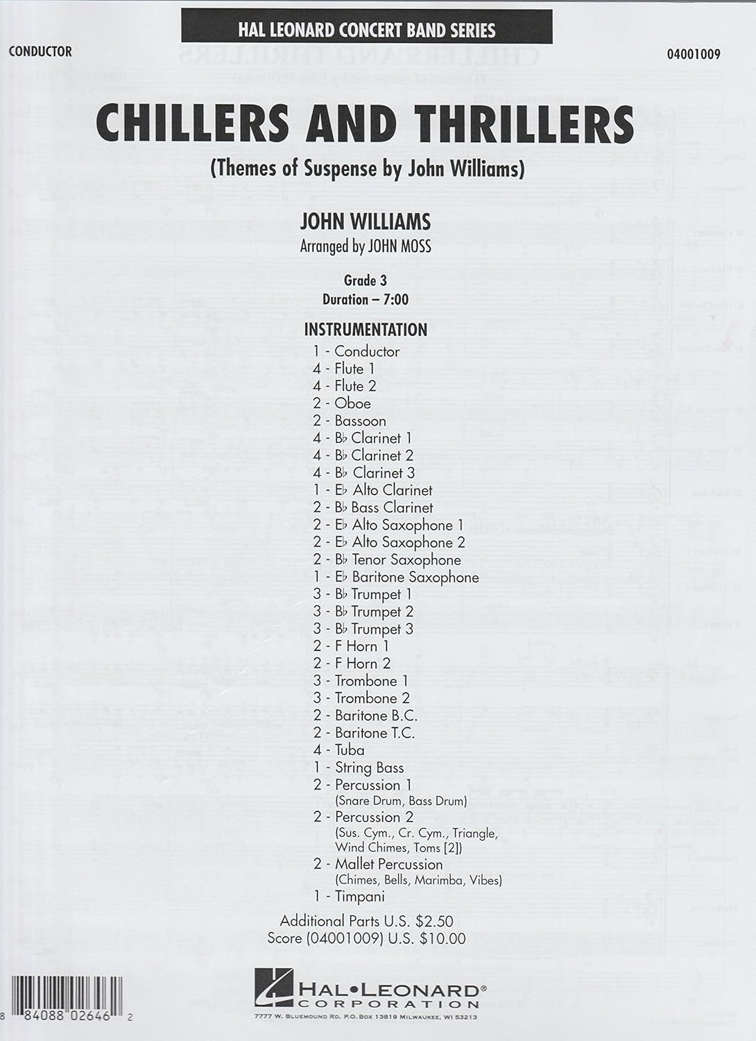Chillers and Thrillers (Themes of Suspense By John Williams). Series: Young Concert Band. Composer: John Williams. Arranger: John Moss. Level: 3. Score Only. [Paperback] John Williams and John Moss