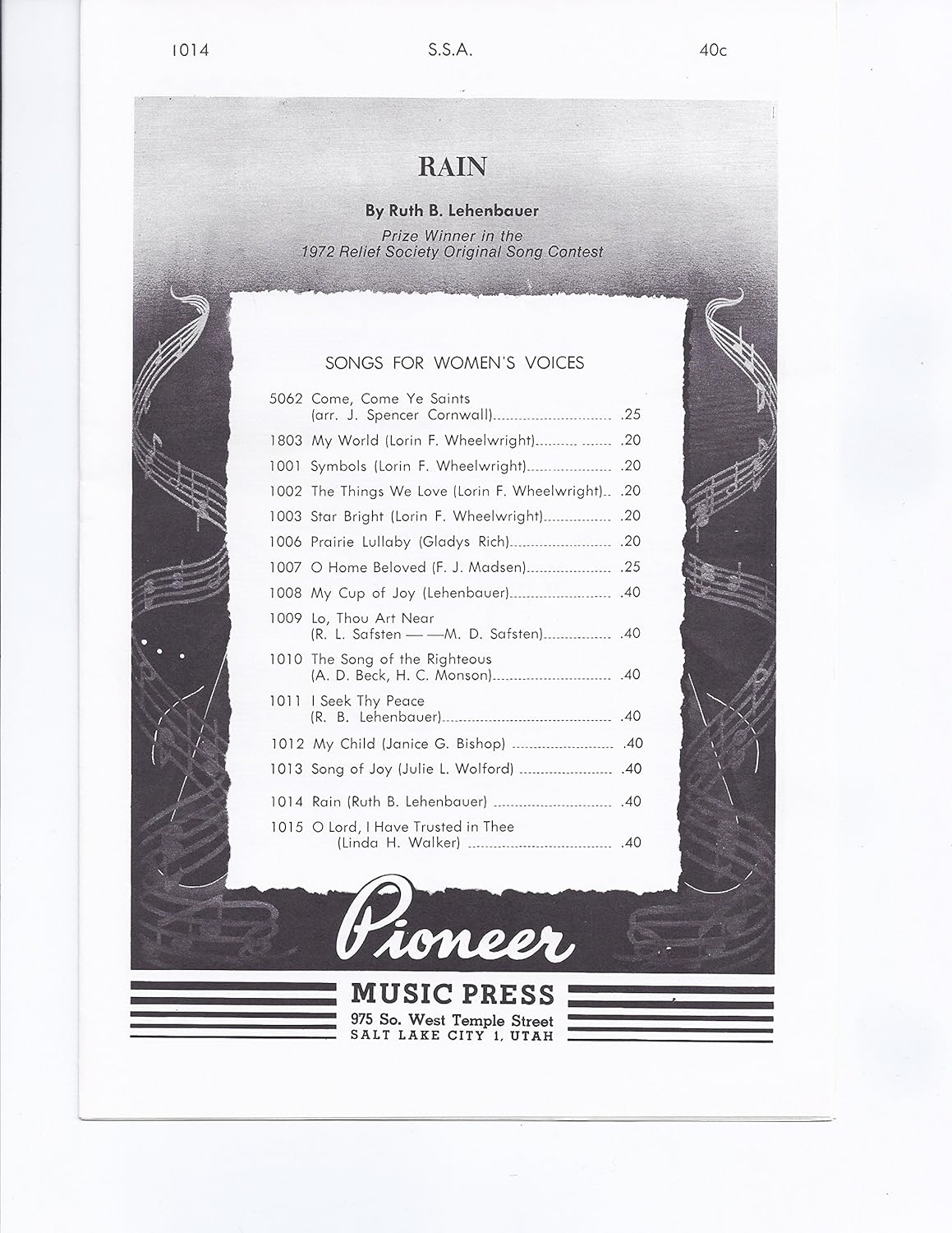 Rain By Ruth B. Lehenbauer. For SSA Choir. Medium / Difficult (Accompaniment). Octavo. [Paperback] Ruth B. Lehenbauer