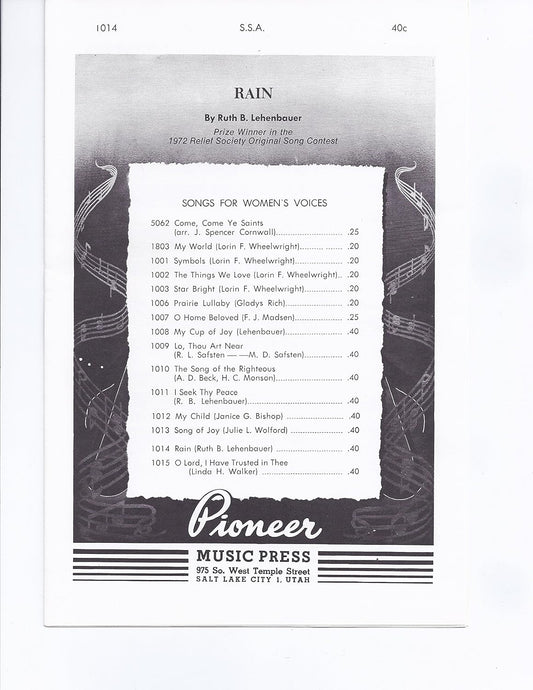 Rain By Ruth B. Lehenbauer. For SSA Choir. Medium / Difficult (Accompaniment). Octavo. [Paperback] Ruth B. Lehenbauer