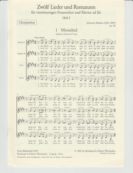 Zwolf Lieber Und Romanzen (Heft I). Composed By Johannes Brahms. For Ssaa. Standard Notation. Opus 44. [Paperback] Johannes Brahms