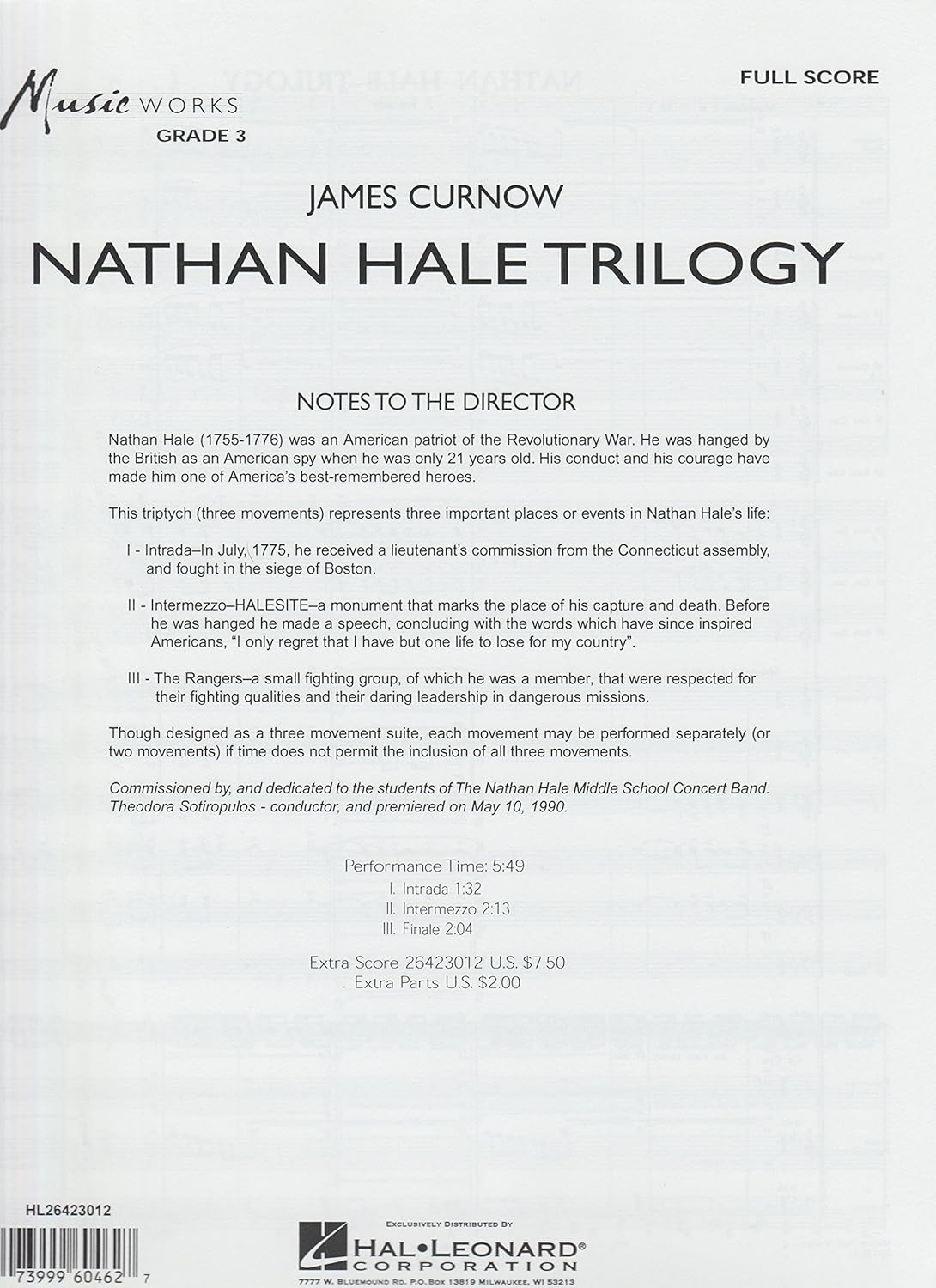 Nathan Hale Trilogy (Concert Band (Score) - Grade 3). Composed By James Curnow. Musicworks Grade 3. Score and Parts. [Paperback] James Curnow