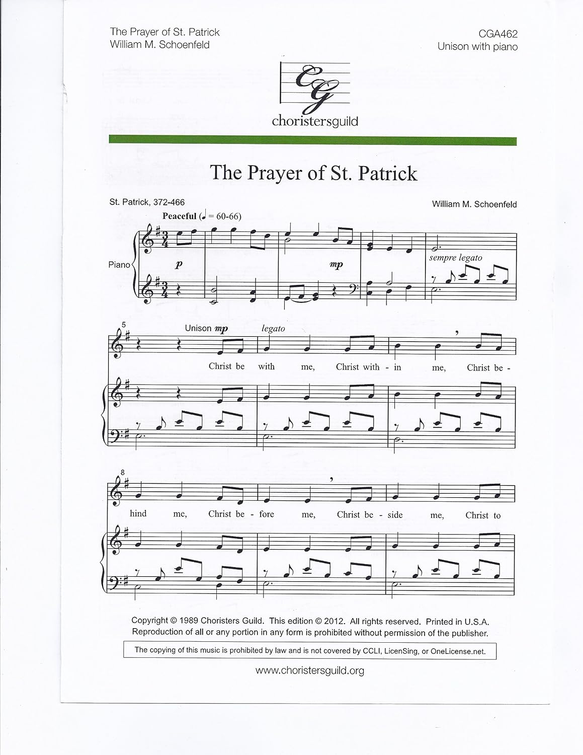 The Prayer of St. Patrick Composed By William M. Schoenfeld. For Unison Choir and Piano. Sacred Anthem. Octavo. [Paperback] WILLIAM M. SCHOENFELD