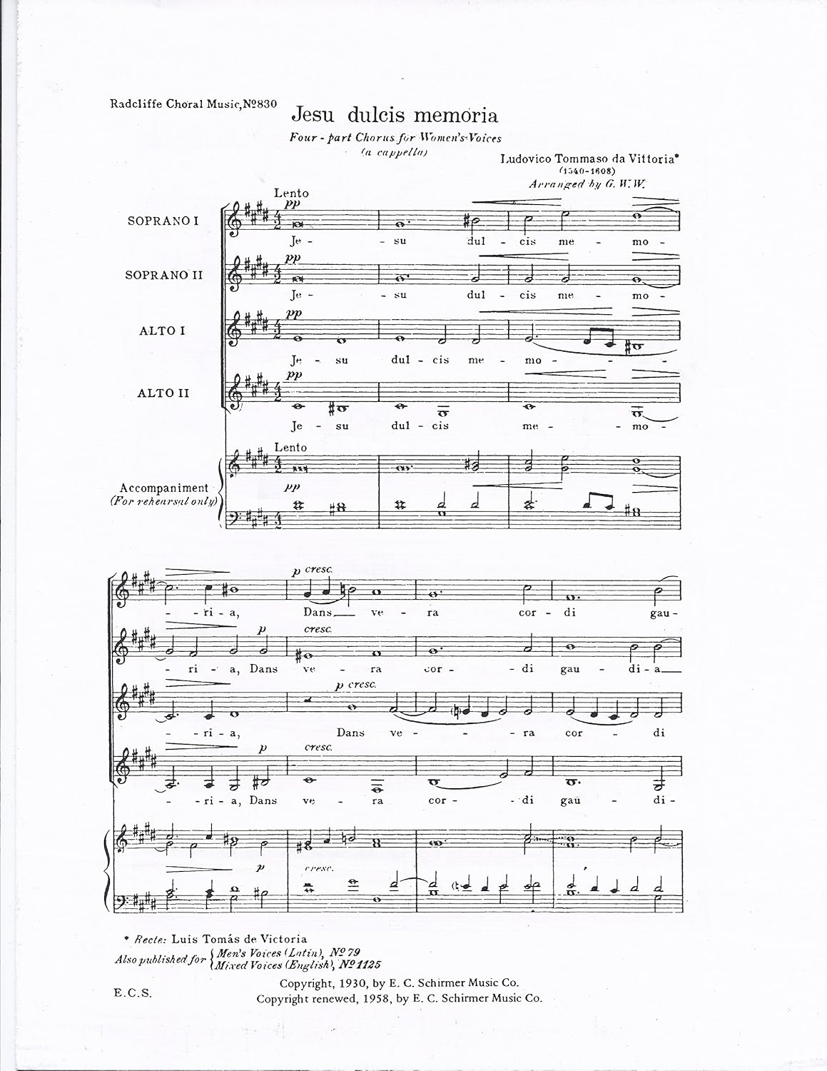 Jesu Dulcis Memoria Composed By Tomas Luis De Victoria (0-1611). Arranged By G. W. Woodworth. For Ssaa Choir. General, Lent, Communion. Octavo. [Paperback] Tomas Luis de Victoria and G. W. Woodworth