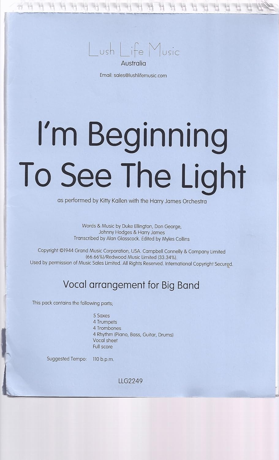 I'm Beginning to See the Light By Harry James. Arranged By Alan Glasscock. For Big Band with Female Vocal. Swing. Medium. Full Score and Set of Parts. [Spiral-bound] Harry James and Alan Glasscock