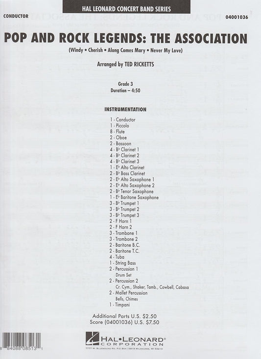 Pop and Rock Legends: The Association Series: Young Concert Band. Artist: The Association. Arranger: Ted Ricketts. Level: 3. Score Only. [Paperback] The Association and Ted Ricketts