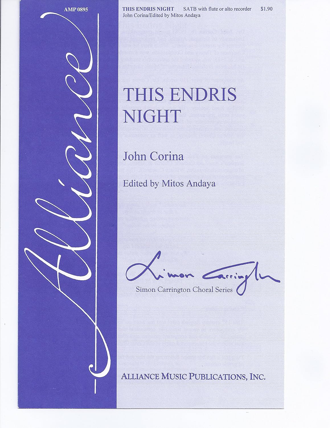 This Endris Night Composed By John Corina. For Satb Choir, Flute or Alto Recorder. Octavo. [Paperback] John Corina