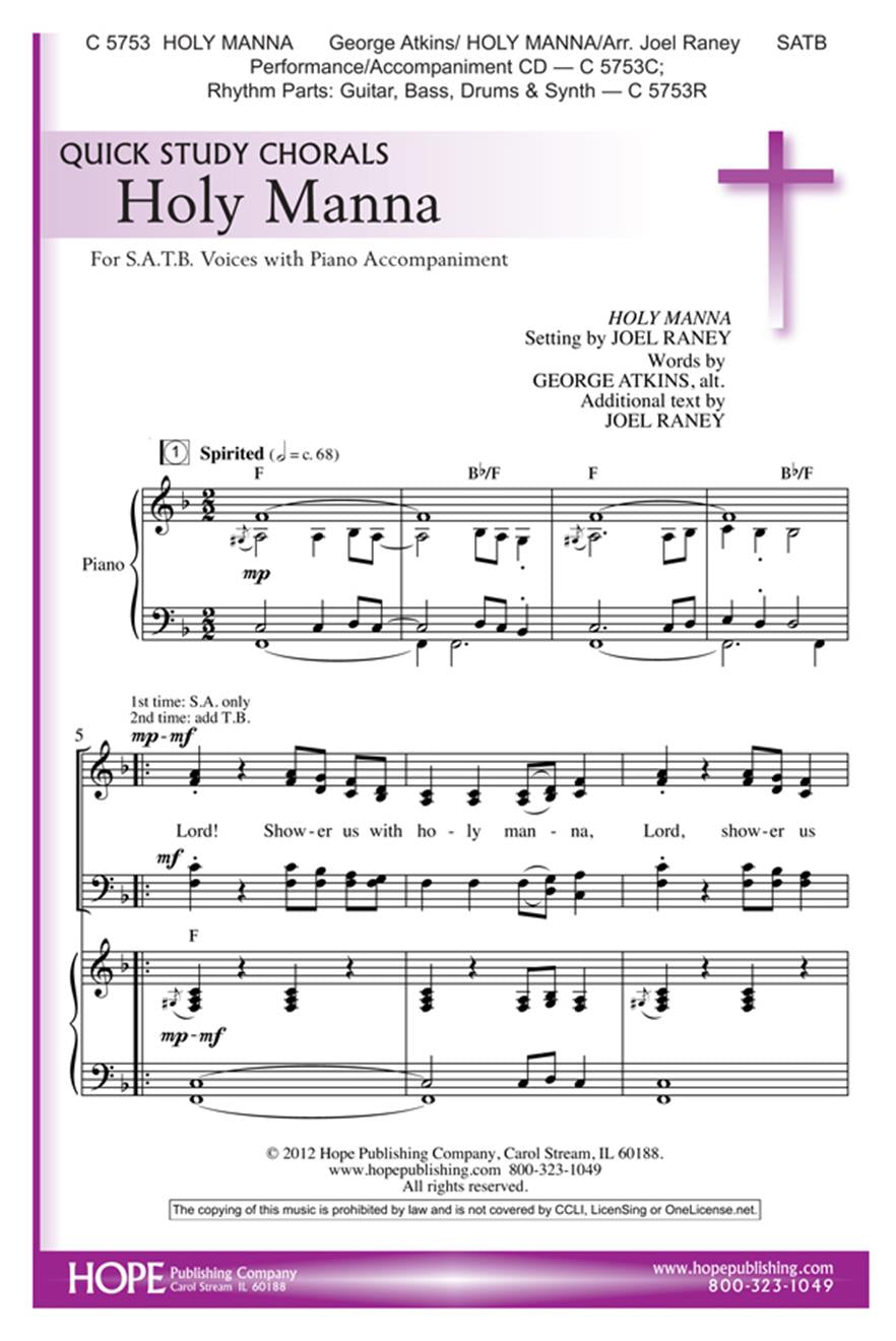 Holy Manna Arranged By Joel Raney. For Satb Choir and Piano with Optional Rhythm Section. Quick Study Chorals. Holy Manna, Hymntune, Call to Worship, General Worship, Sacred. Octavo. [Paperback] Joel Raney