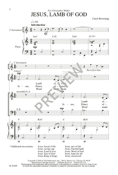 Jesus, Lamb of God (Fraction Rite). By Carol Browning. For 2 Mixed Voices, Cantor, Piano, C Instrument. Ritual Prayer. Includes Guitar Chord Names. Sacred. Easy. [Paperback] Carol Browning